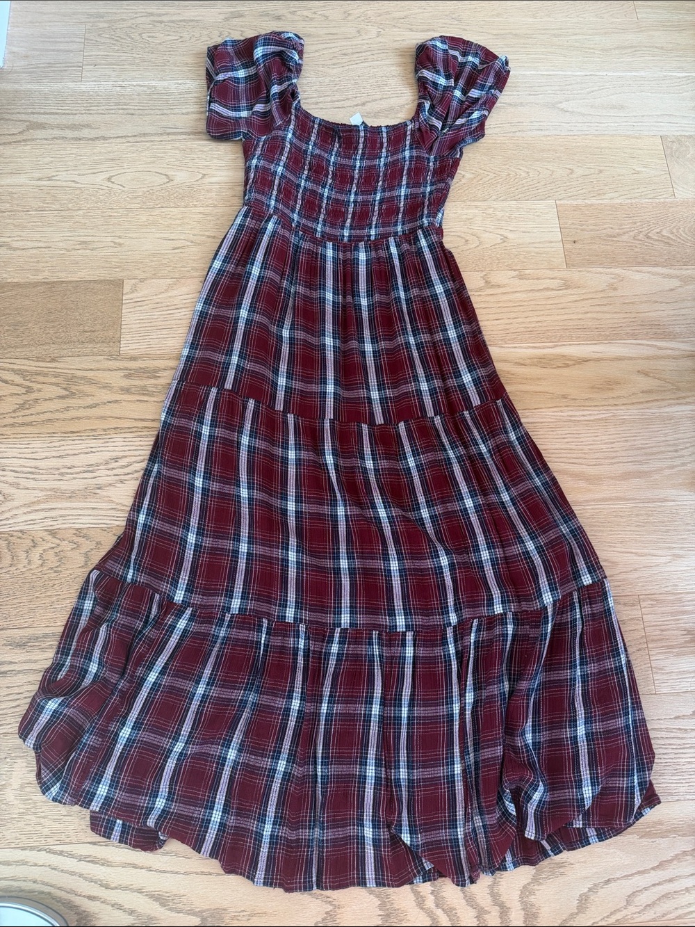 AE Plaid Smocked Midi Dress in Red, Size Small